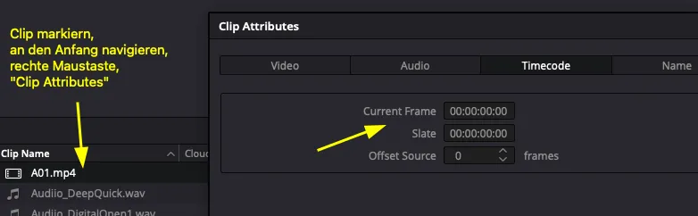 Timecode für ein Asset im Medienpool korrigieren